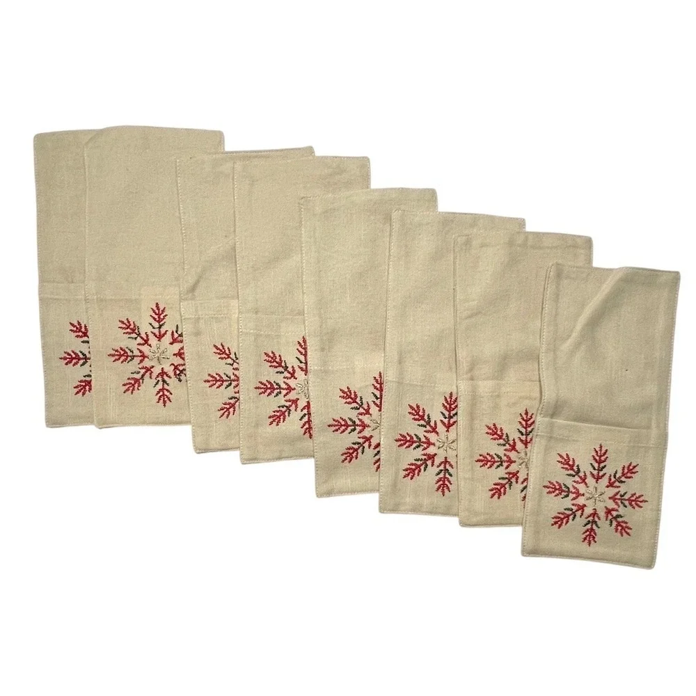 Christmas Snowflake Silverware Holders Set of 8 Embroidered Linen Holiday Decor